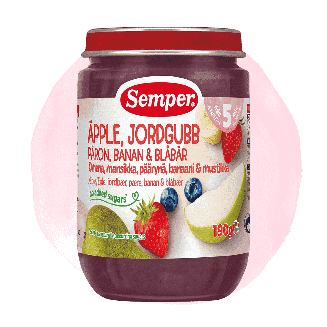 Apple, strawberry, pear, banana and blueberry puree