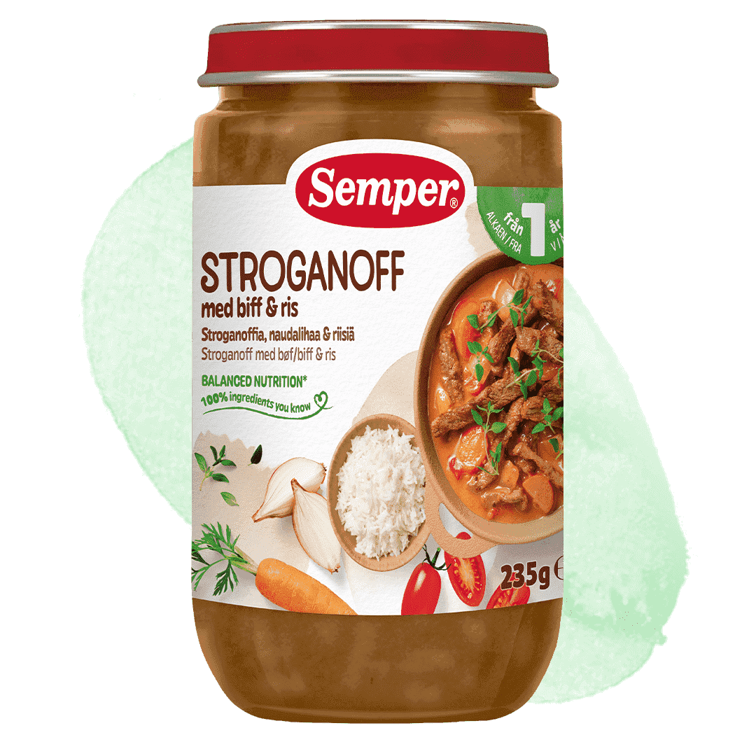 Stroganoff med bøf og ris 12 mdr