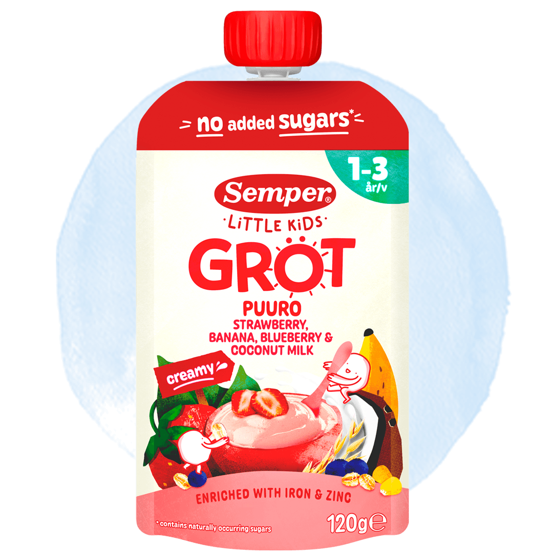 Grødklemmepose Little Kids med Jordbær, banan, blåbær og havre fra Semper Barnmat